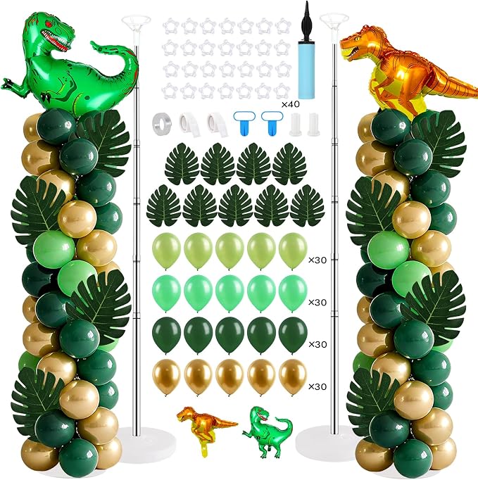 2 Sets Dinosaur Balloon Column Stand Kits Adjustable Green Gold Balloons Column by Unknown