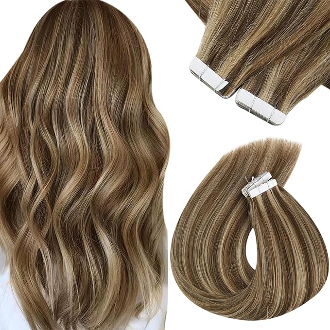 Sunny Hair Tape in Hair Extensions Human Hair 16 Inch Hair Extensions Real Human Hair Tape in Extensions for Women Medium Brown Highlights Caramel Blonde Remy Hair Straight Skin Weft 40pcs 100g