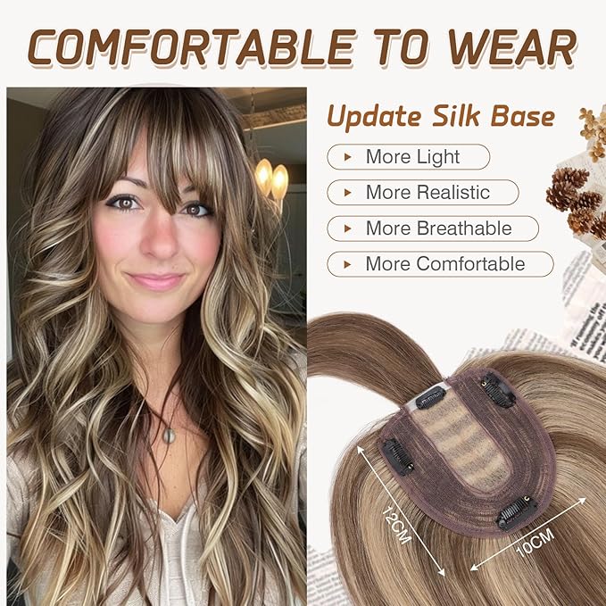 Rich Choices Real Human Hair Toppers for Women With Bang 100% Remy Human Hair Topper for Thinning Hair Clip in Silk Base Hair Topper 16 Inch #4P27 Medium Brown Mix Dark Blonde