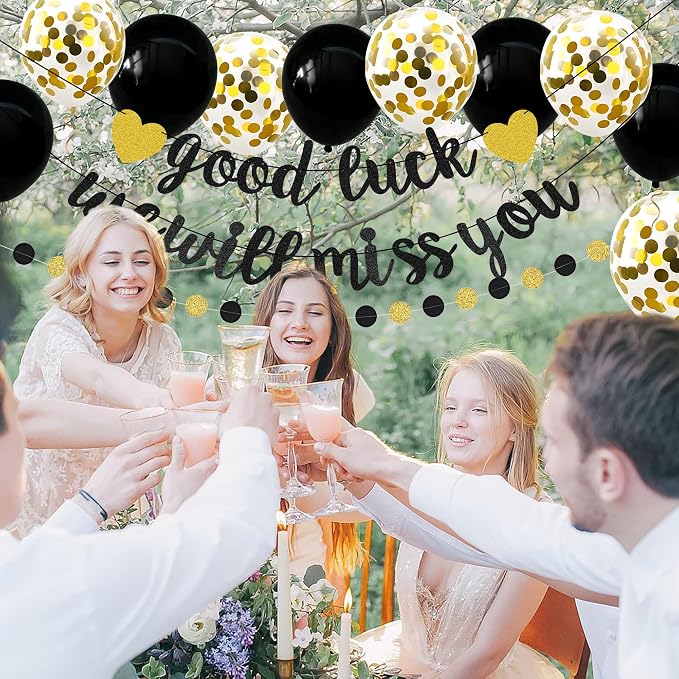 Good Luck We Will Miss You Banner Glitter Black Gold Banner Balloon Garland - Image 6
