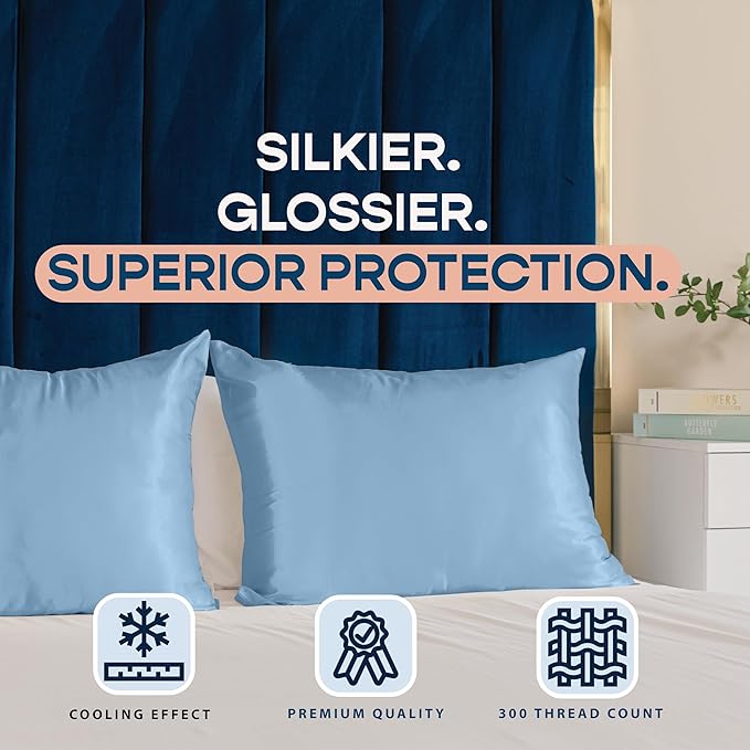 BLISSFORD Luxury Satin Pillowcase for Hair – Standard Satin Pillowcase with Zipper, Jewel Blue (Pillowcase Set of 2)