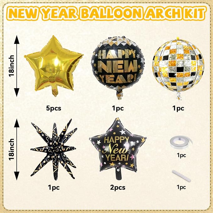 Black and Gold Happy New Year Balloons, 18 Inch New Years Foil Balloons - Image 2