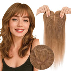 Real Human Hair Toppers for Women 3.54"*4.72" Silky Base 150% Density With Bangs Adjustable Parting Clip-In Topper Hairpieces for Women with Thinning Hair 16 Inches Light Brown