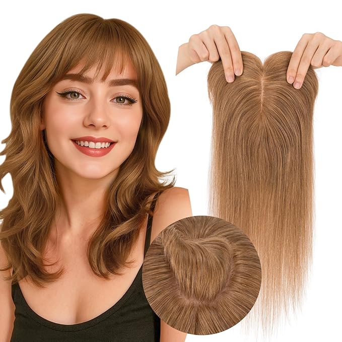 Real Human Hair Toppers for Women 3.54"*4.72" Silky Base 150% Density With Bangs Adjustable Parting Clip-In Topper Hairpieces for Women with Thinning Hair 16 Inches Light Brown