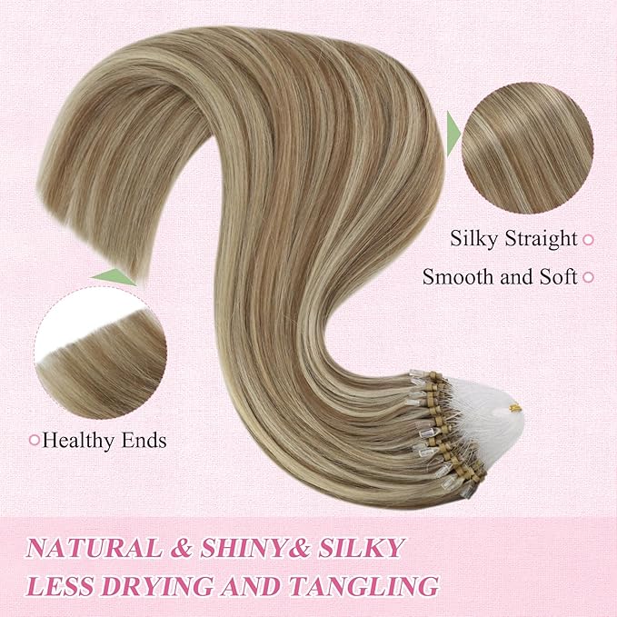 YoungSee Blonde Micro Bead Hair Extensions Human Hair Light Brown Highlight Golden Blonde Micro Loop Hair Extensions Real Human Hair Highlighted Microlink Human Hair Extension 1g/s 50g 16 inch