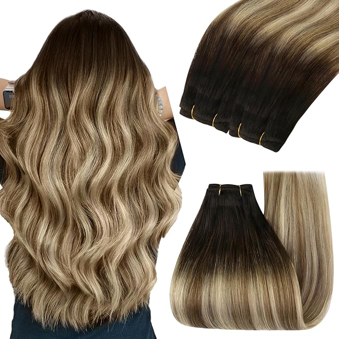 YoungSee 130g Sew in Hair Extensions Real Human Hair Dark Brown Ombre Medium Brown with Blonde Balayage Weft Hair Extensions Ombre Sew in Bundles Human Hair for Women 24Inch