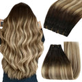YoungSee Weft Hair Extensions Brown Balayage Sew in Extensions Ombre Hand Tied Weft Hair Extensions Human Hair for Women Dark Brown Roots to Medium with Ash Blonde 100G 20In