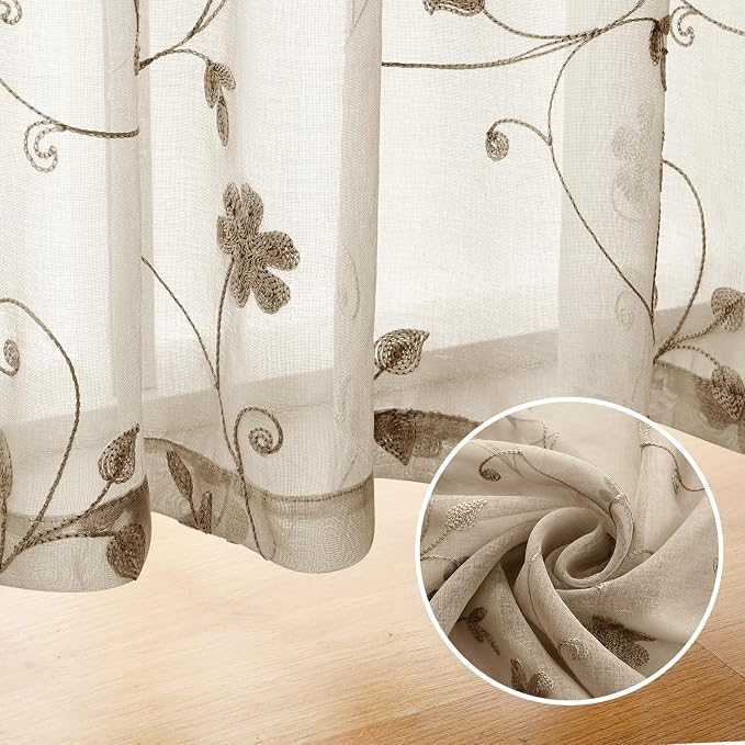 HOMEIDEAS Taupe Sheer Curtains 63 Inches Length 2 Panels Beige Embroidered - Image 5