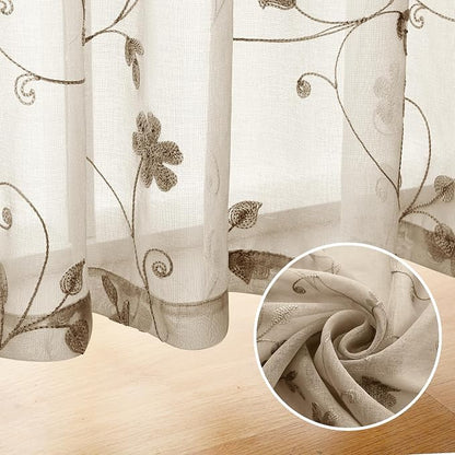 HOMEIDEAS Taupe Sheer Curtains 63 Inches Length 2 Panels Beige Embroidered - Image 5