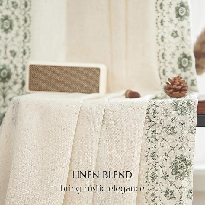 jinchan Floral Linen Curtains Embroidered Back Tab 50x90in 2 Panels Sage | - Image 9