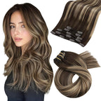 Moresoo Clip in Hair Extensions Real Human Hair Balayage Dark Brown with Caramel Blonde 5pcs 80g Remy Straight Invisible Lace Double Weft Ombre Human Hair Clip in Extensions 18inch