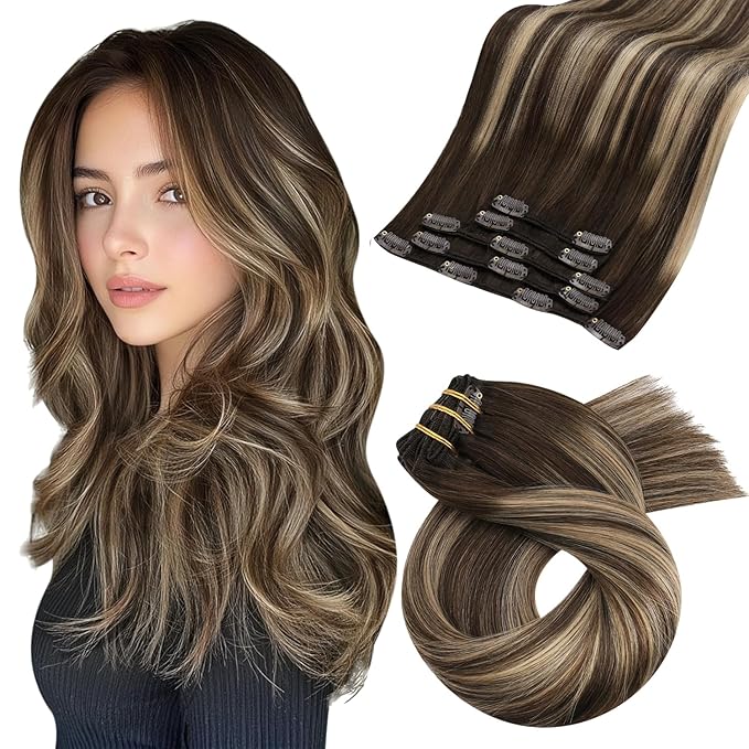 Moresoo Clip in Hair Extensions Real Human Hair Balayage Dark Brown with Caramel Blonde 5pcs 80g Remy Straight Invisible Lace Double Weft Ombre Human Hair Clip in Extensions 18inch