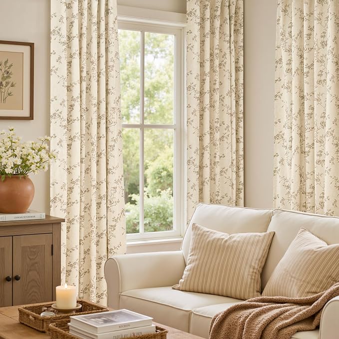 Blackout Vintage Floral Linen Curtains Taupe on Beige 50×96 2 Panels | Elisa - Image 5