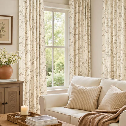 Blackout Vintage Floral Linen Curtains Taupe on Beige 50×84 2 Panels | Elisa - Image 5