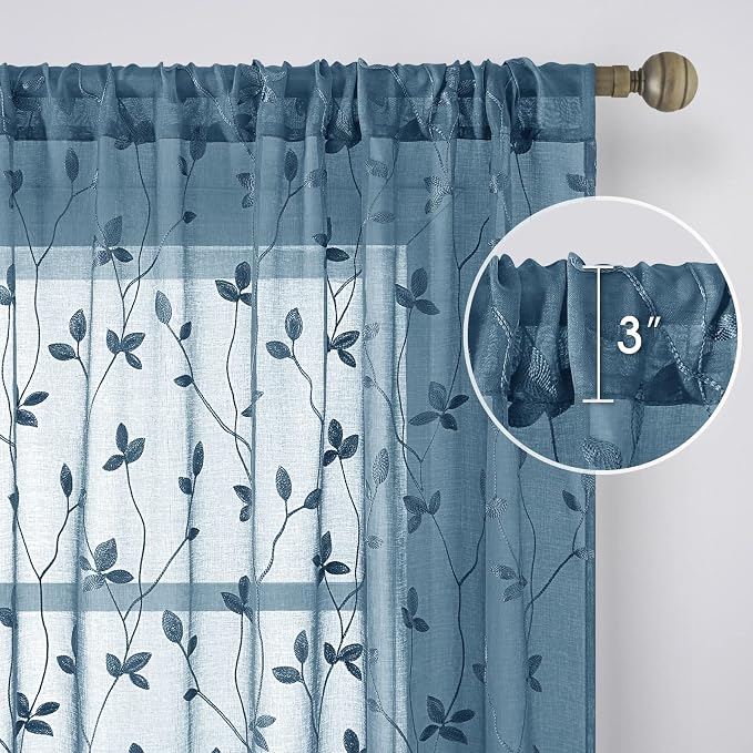 HOMEIDEAS Cyan Blue Sheer Curtains 2 Panels, Embroidered Vine Leaf, W52xL84 | - Image 5