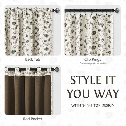 Beauoop Floral 100% Blackout Curtains Bedroom Green Brown 52x63 2 Panels | Rose - Image 9