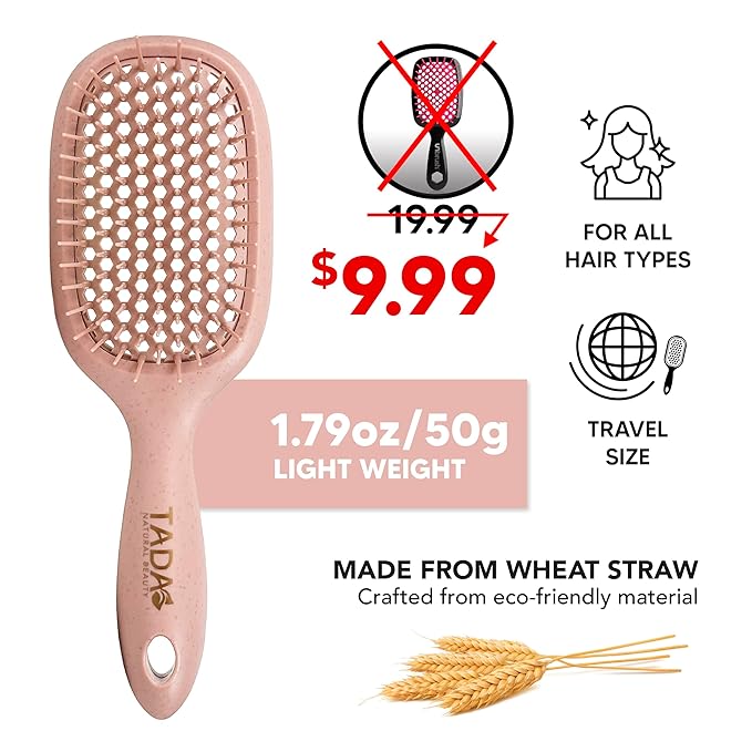 TADA Natural Beauty Hair Brush Detangler for Curly, Thick, Wavy, and Thin Hair - Ventilation Holes for Quick Drying and Styling, Detangler Brush for Women, Men, Kids (4 Colors) (4PK)