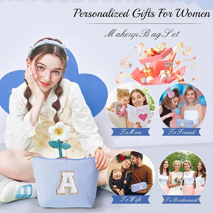 YOOLIFE Initial Makeup Bag Christmas Gifts for Girls Grandkids - Birthday Gifts for 3 4 5 6 7 8 9 10 11 12 13 Year Old Girl Stocking Stuffers for Girls Teen Daughter Kids Travel Makeup Bag Blue K