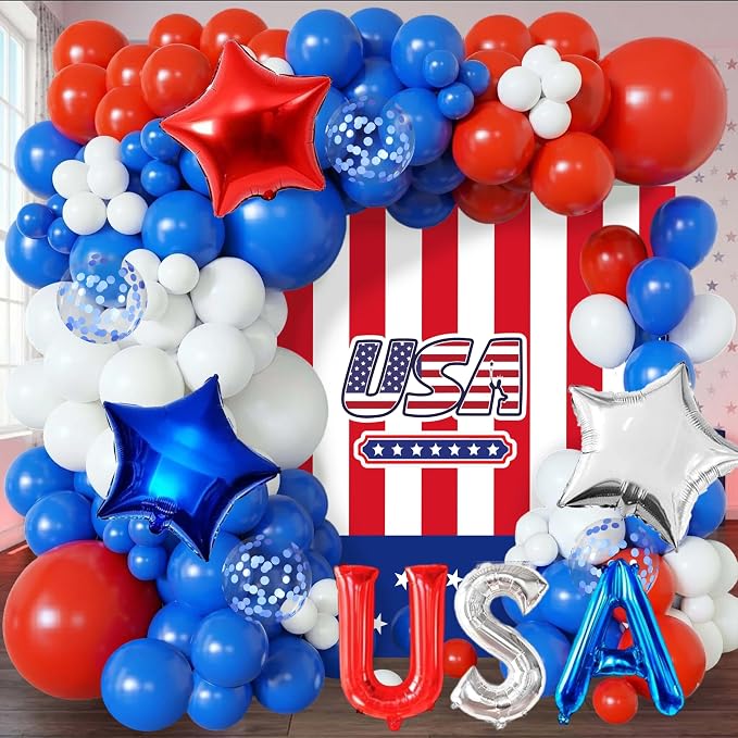 107 Pcs Red White and Blue Balloon Arch Kit, 16-Inch USA Foil Letters and by Jenlion