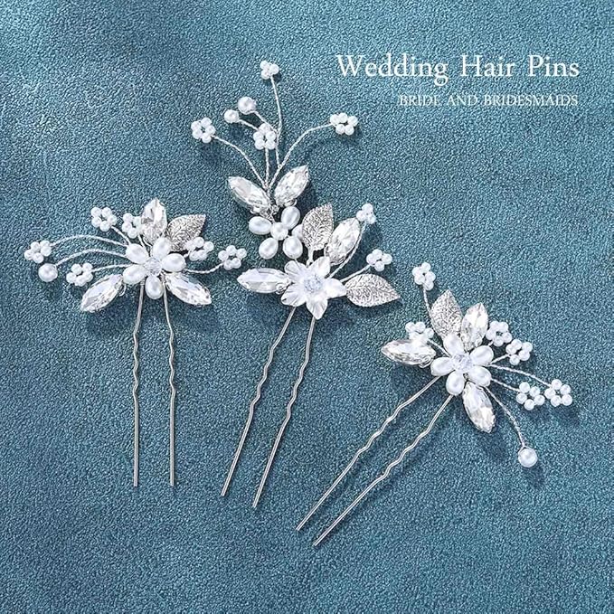 JAKAWIN Flower Bride Wedding Hair Pins Pearl Bridal Hair Piece Accessories for Women HP163 (Silver)