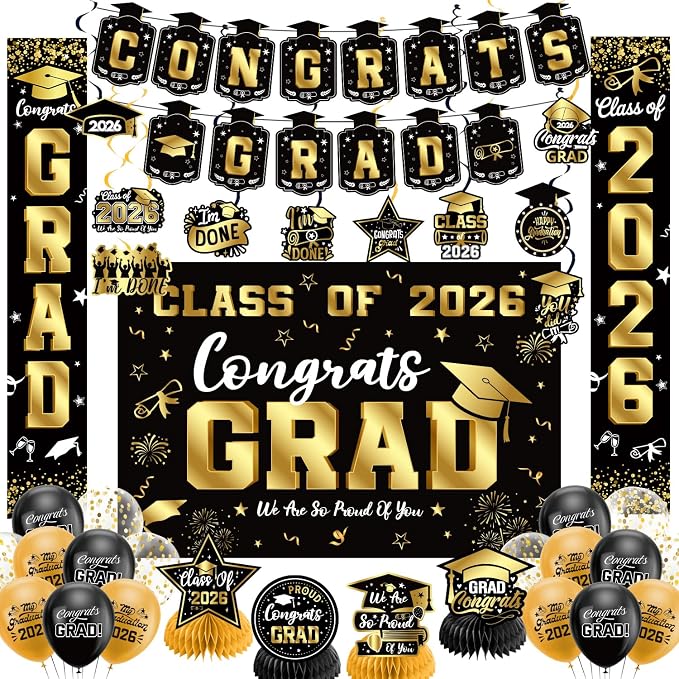 Graduation Decorations 2026 Set Black Gold, Congrats Grad Decor Set by Unknown