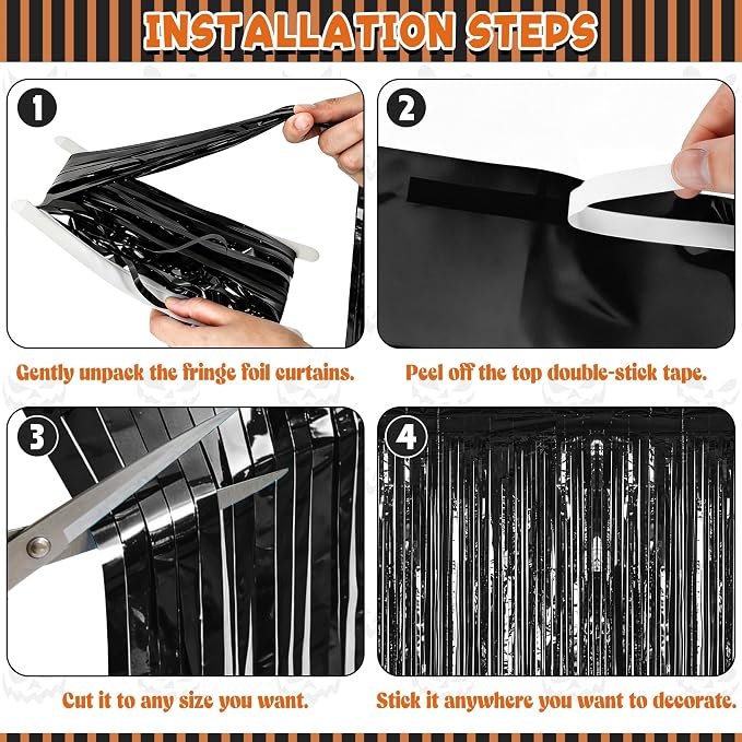 ZATAYE 4 Pack Black Halloween Foil Curtain Streamer Decorations | Black - Image 3