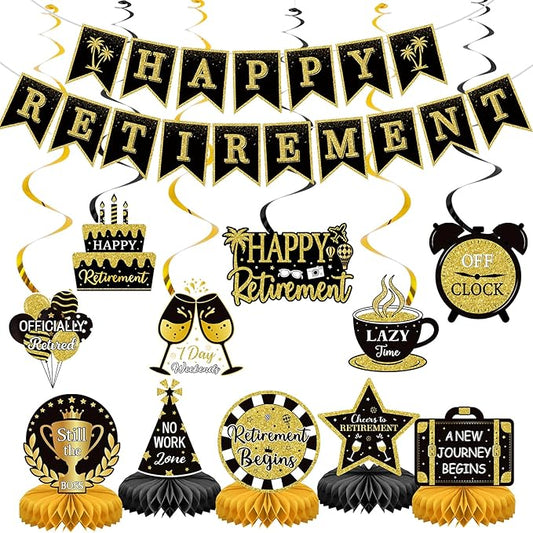 Retirement Party Decorations Black and Gold Happy Retirement Banner by Sealmic