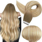 Full Shine Ombre Blonde Tape in Hair Extensions Human Hair 6/27/60 Brown to Honey Blonde 16Inch Tape in Extensions Balayage Invisible Seamless Human Hair Extensions 50Gram 20pcs for Wedding