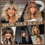 MISSQUEEN Ombre Blonde Wig with Bangs Short Wavy Brown Omber Blonde Wigs for Women Natural Looking Synthetic Heat Resistant Fiber Wig for Daily Party Cosplay Use