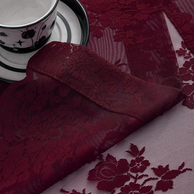 Kotile Short Burgundy Lace Curtains Rustic Floral W42 x L30 Inch, 2 Panels | - Image 8