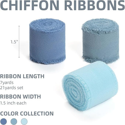 KEOSREE Baby Blue Dusty Blue Chiffon Ribbon Set 1.5" x21Yd | Handmade Frayed - Image 2