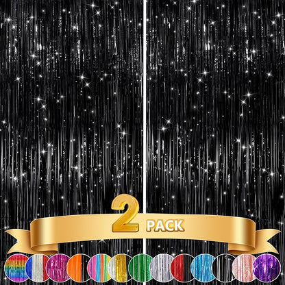 GCB 2Pack Black Metallic Tinsel Foil Fringe Curtains, Photo Booth Props by GCBPartyDecorations