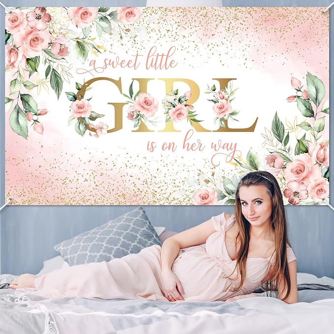 Avezano Girl Baby Shower Backdrop Pink Floral Sweet Baby Baby Shower Banner A - Image 5