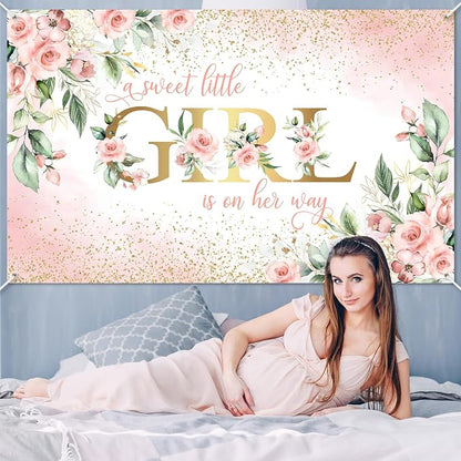 Avezano Girl Baby Shower Backdrop Pink Floral Sweet Baby Baby Shower Banner A - Image 5
