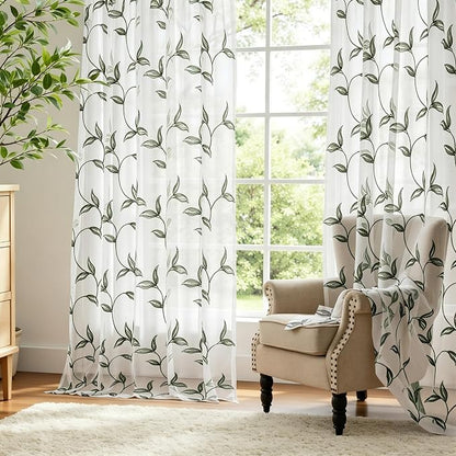 Sheer Curtains Boho Leaf Floral Embroidered Green 54Wx84L | Light Filtering - Image 7