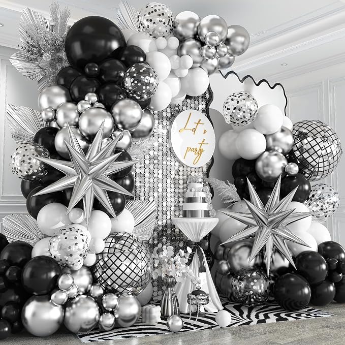 Black Silver Balloon Arch Kit 138Pcs Black White Metallic Silver Confetti Disco by EUMIRO