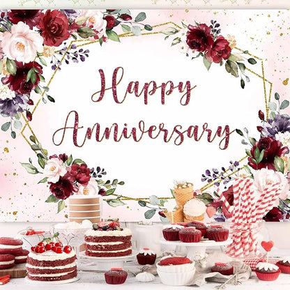 Sensfun Happy Anniversary Backdrop Banner Burgundy Pink Flower Wedding - Image 2