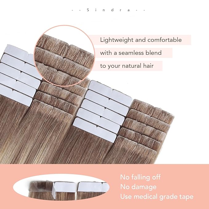 Sindra Invisible Tape in Human Hair Extensions Ash Brown to Platinum Blonde Injected Tape-ins Straight Seamless Invisible Extensions Straight 16 Inch 45g 20pcs