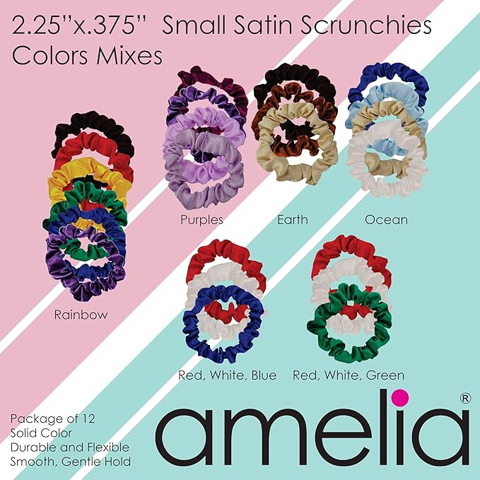 Amelia Beauty, Red, White and Green Satin Small Scrunchies, 12-Pack – No Damage Hair Ties for Women, Gentle & Durable Hair Accessories, 2.5in x 0.5in
