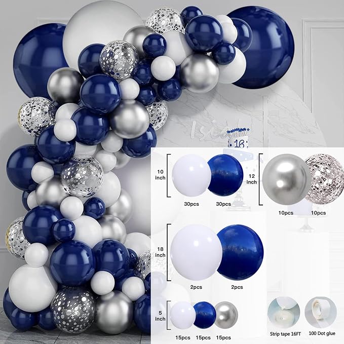 Navy Blue Silver Balloon Garland Kit, 131 Piece Assorted 5 10 12 18in Metallic - Image 8