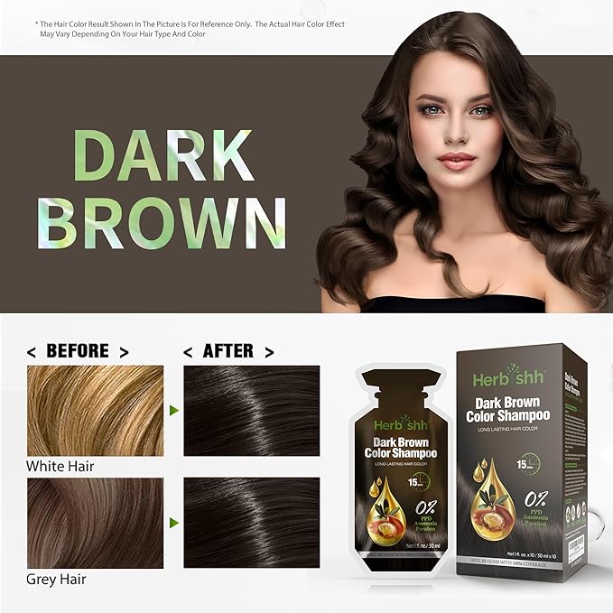 Herbishh Hair Shampoo with 3-in-1 Dye | PPD-Free | Easy Gray Coverage | Travel Size | 10 Sachets + 1 Argan Mask Pouch (Dark Brown)