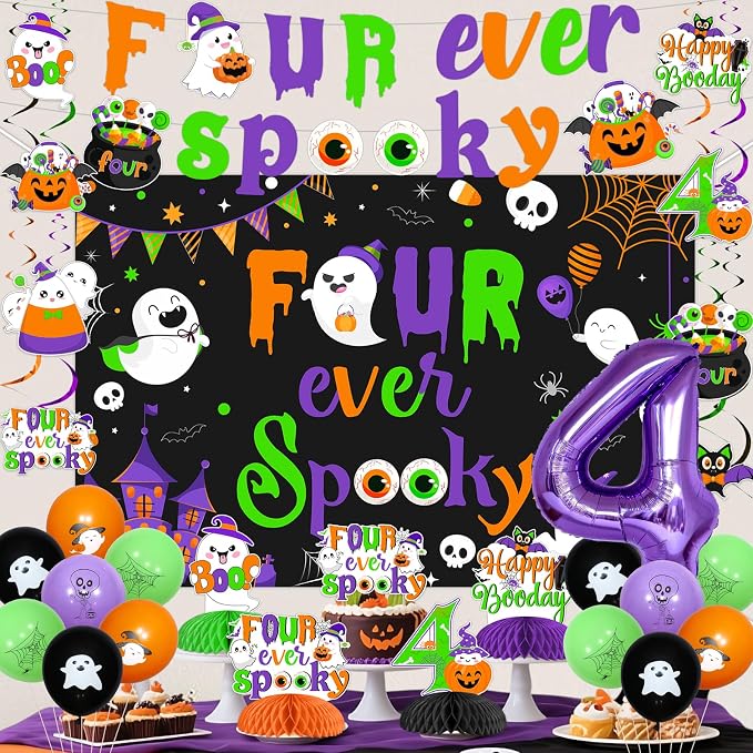 Halloween 4th Birthday Party Decorations Four Ever Spooky Backdrop Banner - Image 2