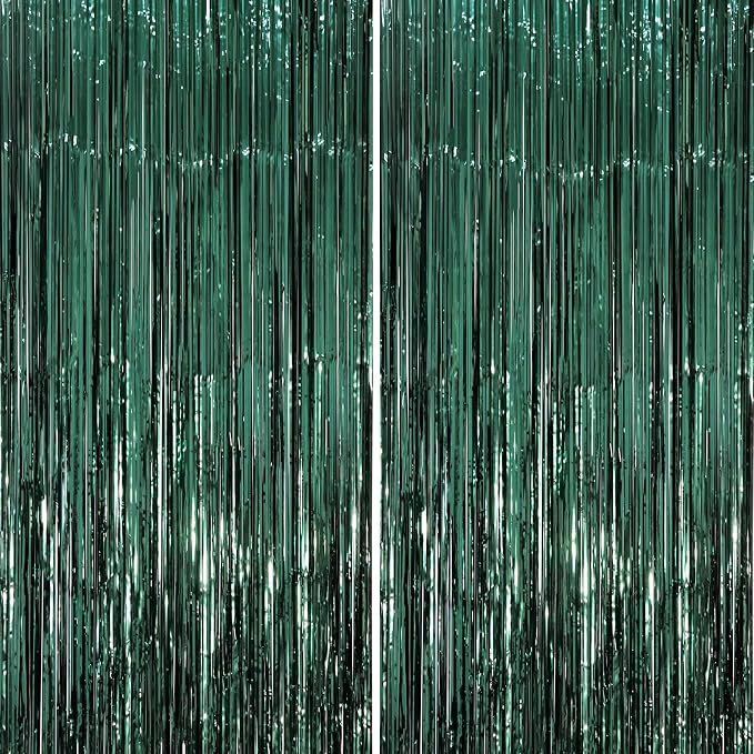 Voircoloria Retro Green Foil Fringe Backdrop Curtains, 2 Pack | Tinsel Streamers by Voircoloria