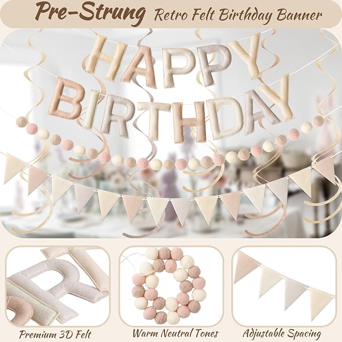 Kriyokiaa Retro Neutral Happy Birthday Banner Set, Neutral Decor | Retro - Image 3