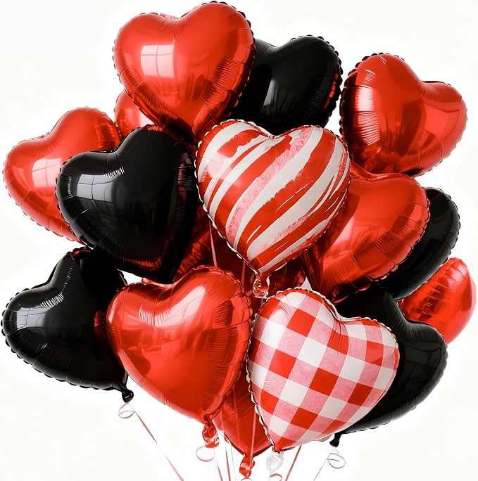 PartyWoo Red Black Red Black Mylar Heart Foil Balloons 15pcs 18 Inch | Balloons by PartyWoo