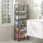 6 Tier Slim Rolling Storage Cart, Narrow Mobile Shelving Unit Organizer Utility Cart with Wheels, Metal Wire Storage Rack with Baskets for Kitchen, Bathroom, Laundry & Living Room, 10in(W) Black