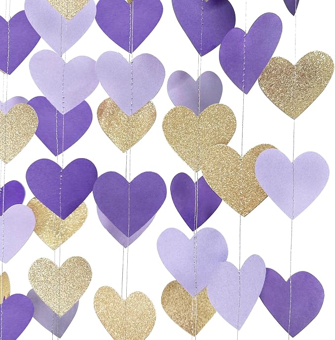 Champagne Gold Purple Heart Party Decorations Glitter Paper Love Heart Hanging - Image 5