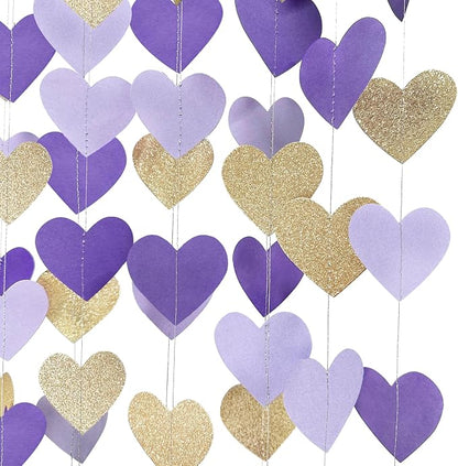 Champagne Gold Purple Heart Party Decorations Glitter Paper Love Heart Hanging - Image 5