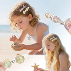 7PCS Iridescent Ocean Hair Clip Set - Mermaid Tail, Starfish, Seashell Designs with Pearl Accents, Beachy Hair Accessories for Vacations, Pool Parties & Summer Styling
