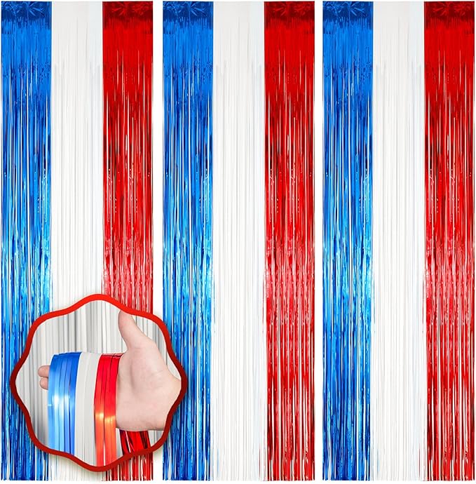 Voircoloria Red White Blue Foil Fringe Backdrop Curtains, 3 Pack | Tinsel by Voircoloria